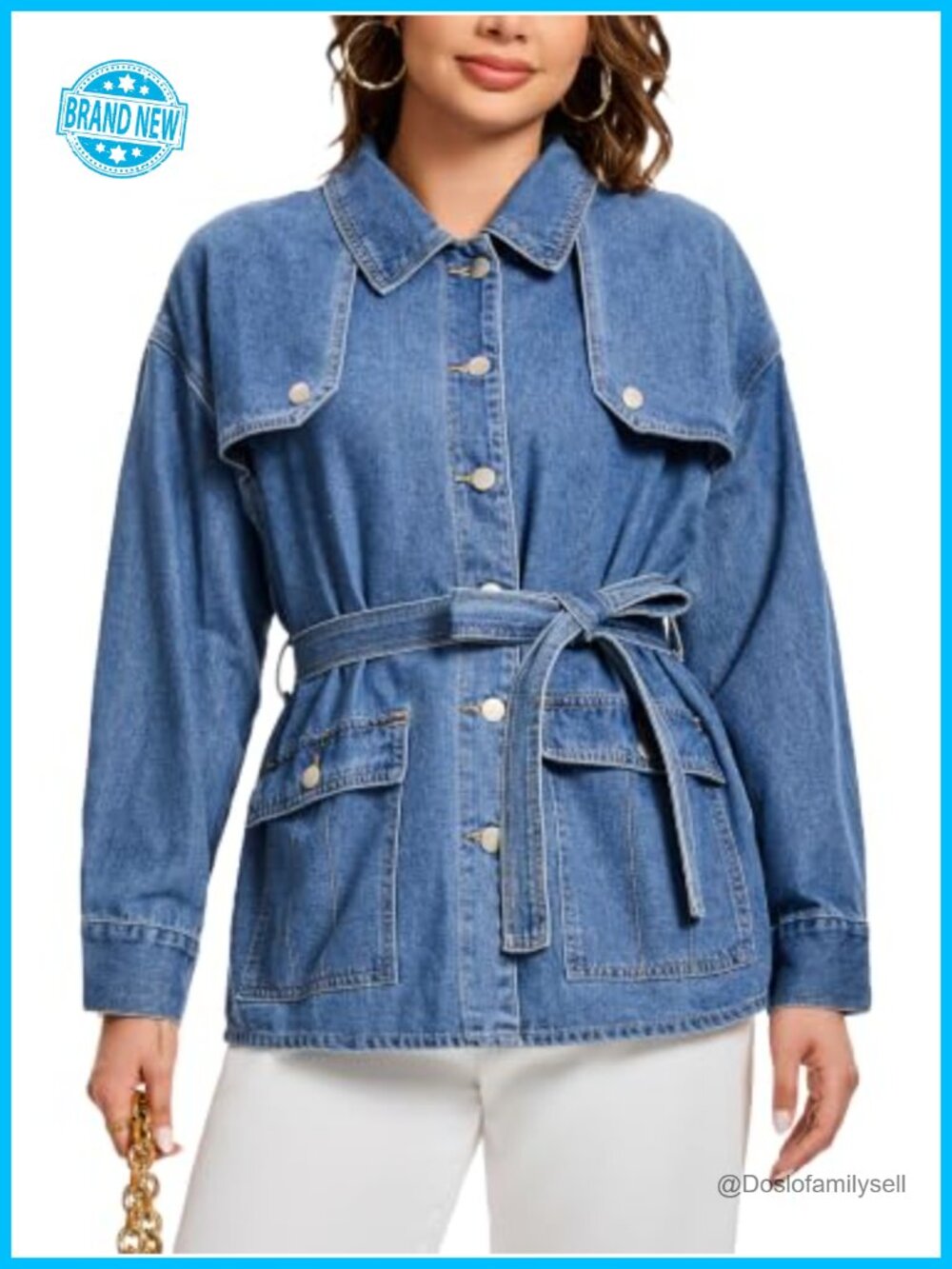 Women's Denim Jacket Long Sleeve Button Down Collar Trench Coat with Belt